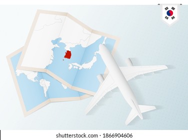 Travel to South Korea, top view airplane with map and flag of South Korea. Travel and tourism banner design.