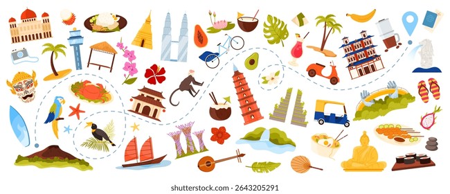 Travel to Southeast Asia, Asian culture elements set, food and architecture, nature landmarks on route of tourist adventure. Buddha statue and rafflesia, tuk tuk and temple cartoon vector illustration