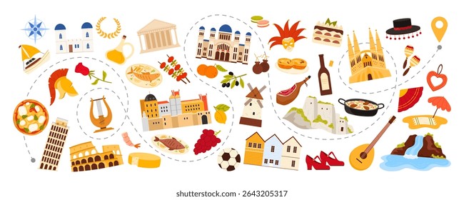 Travel to Southern Europe, culture elements set, food and buildings on route of journey. Pizza and olive oil, Colosseum and Parthenon, Flamenco shoes and maracas, guitar cartoon vector illustration