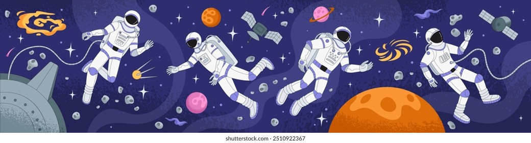 Travel space astronaut. Galaxy adventure universe. Astronomy cosmos, planet orbit, moon and star. Cosmonaut spacesuit on interstellar flying. Horizontal banner design. Vector tidy cartoon illustration