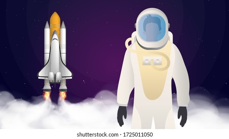 Travel to space. The astronaut in a protective suit. Purple banner on the theme of space flight. Space shuttle. Fighter. The booster takes off. Vector.