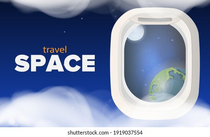 Travel to space banner. Porthole with a view of the planet Earth and the Moon. Porthole with a view of space. Colorful banner. Realistic style. Vector illustration.