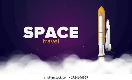 Travel Space. Purple Banner On The Theme Of Space Flight. Space Shuttle. Fighter. Rocket Carrier Is Taking Off. Vector.