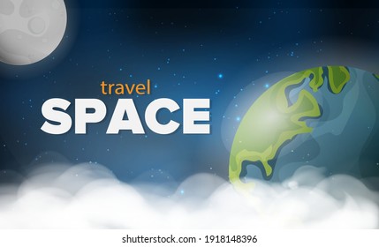 Travel to space. Realistic planet earth and moon among the stars. Space. Detailed vector illustration.