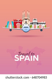 Travel to Spain. Airplane with Attractions. Travel vector banners. Flat style