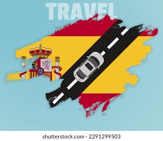 Travel to Spain by car, going holiday idea, vacation and travel banner concept, car on the road with Spain flag, international car travel, automobile going on a way, top view