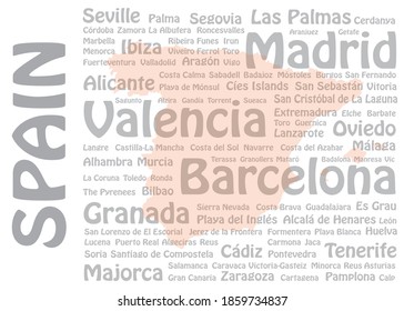 Travel to Spain concept with blank map of Spain and names of Spanish cities and landmarks in the background.