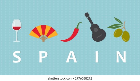 travel to Spain concept; wine glass, hand fan, chilli pepper, guitar and olives- vector illustration