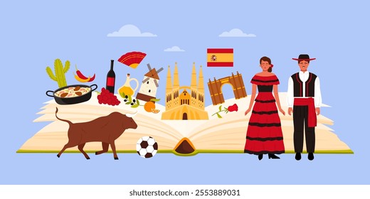 Travel to Spain, culture elements, food and landmarks of country study in infographic collage banner with big open guide book, Spanish people and flag, Sagrada Familia cartoon vector illustration