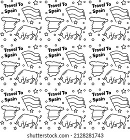 Travel to Spain doodle seamless pattern vector design. Map, bull, flag, guitar are identic icons with Spain.