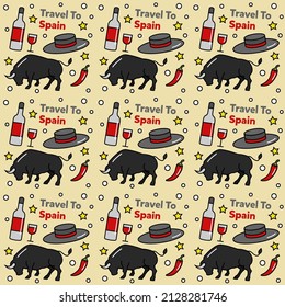 Travel to Spain doodle seamless pattern vector design. Map, bull, flag, guitar are identic icons with Spain.