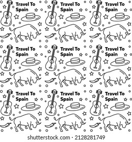 Travel to Spain doodle seamless pattern vector design. Map, bull, flag, guitar are identic icons with Spain.