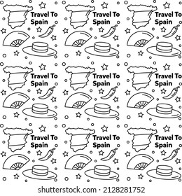 Travel to Spain doodle seamless pattern vector design. Map, bull, flag, guitar are identic icons with Spain.