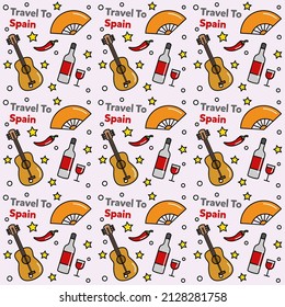 Travel to Spain doodle seamless pattern vector design. Map, bull, flag, guitar are identic icons with Spain.