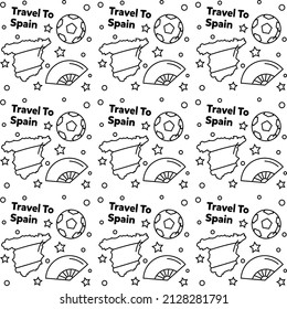 Travel to Spain doodle seamless pattern vector design. Map, bull, flag, guitar are identic icons with Spain.