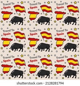 Travel to Spain doodle seamless pattern vector design. Map, bull, flag, guitar are identic icons with Spain.