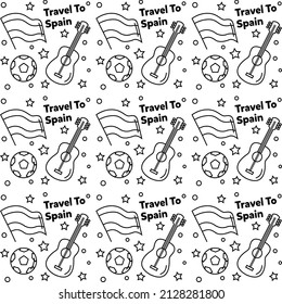 Travel to Spain doodle seamless pattern vector design. Map, bull, flag, guitar are identic icons with Spain.