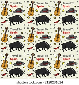 Travel to Spain doodle seamless pattern vector design. Map, bull, flag, guitar are identic icons with Spain.