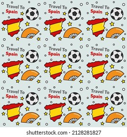 Travel to Spain doodle seamless pattern vector design. Map, bull, flag, guitar are identic icons with Spain.