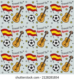 Travel to Spain doodle seamless pattern vector design. Map, bull, flag, guitar are identic icons with Spain.