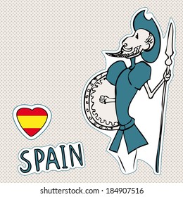 Travel Spain, doodles symbols of Spain, Don Quixote, space for text.