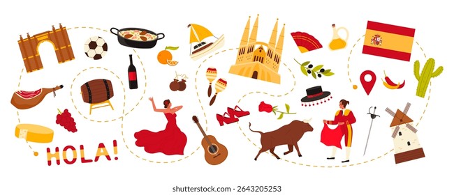 Travel to Spain, Flamenco dance and bullfighter, Spanish culture elements and landmarks, food on route of trip around country. Guitar and Castanets, Sagrada Familia cartoon vector illustration