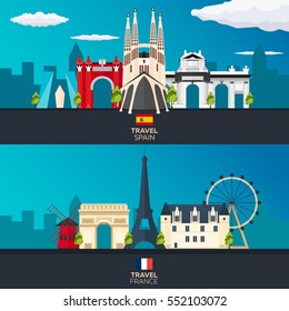Travel to Spain and France skyline. Vector flat illustration