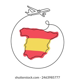 Travel Spain one line vector illustration. Map of Spain and airplane drawing.