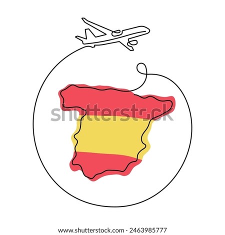 Travel Spain one line vector illustration. Map of Spain and airplane drawing.
