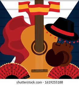 Travel to Spain poster with different traditional objects - Vector