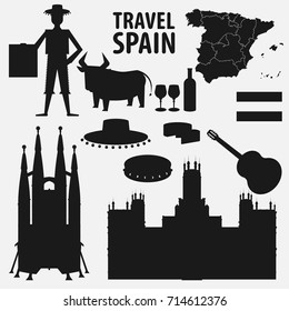 Travel Spain. A set of silhouette Spanish traditional architecture and culture. Collection silhouette of Spanish elements isolated on white background vector illustration flat