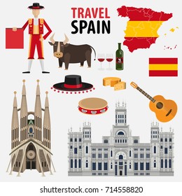 Viaje a España. Conjunto de arquitectura tradicional española, ropa, comida, cultura. Colección de elementos emblemáticos españoles aislados en la ilustración vectorial blanca plana