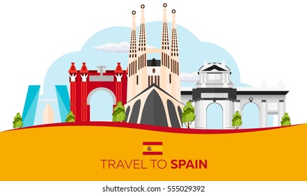 Travel to Spain skyline. Vector flat illustration