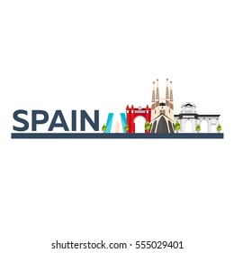 Travel to Spain skyline. Vector flat illustration