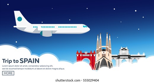 Travel to Spain skyline. Vector flat illustration