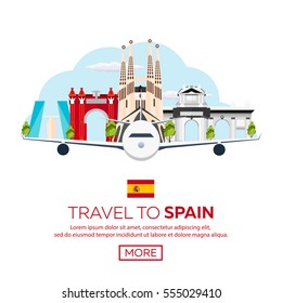 Travel to Spain skyline. Vector flat illustration