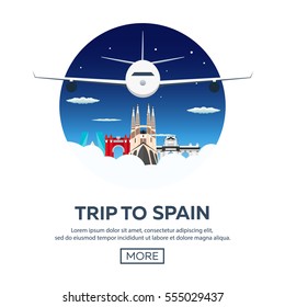 Travel to Spain skyline. Vector flat illustration