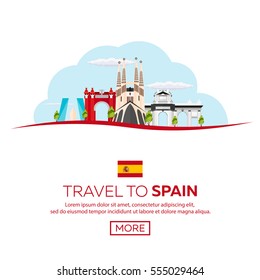 Travel to Spain skyline. Vector flat illustration