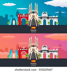 Travel to Spain skyline. Vector flat illustration