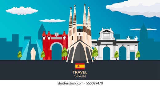 Travel to Spain skyline. Vector flat illustration