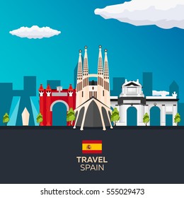 Travel to Spain skyline. Vector flat illustration