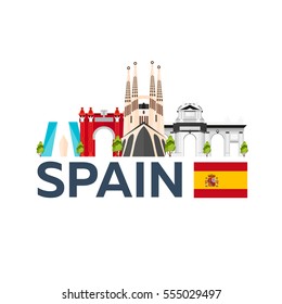Travel to Spain skyline. Vector flat illustration