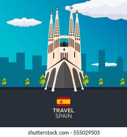 Travel to Spain skyline. Vector flat illustration