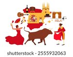 Travel to Spain. Spanish culture elements, landmarks for tourists on infographic collage with map and flag, Flamenco dancer and Sagrada Familia, bull and bullfighter, wine cartoon vector illustration