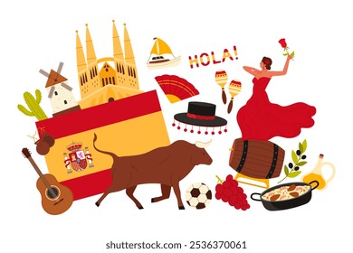 Travel to Spain, Spanish culture elements and landmarks, flamenco dance of girl and food in infographic collage. Flag of Spain and Sagrada Familia, barrel of wine and bull cartoon vector illustration