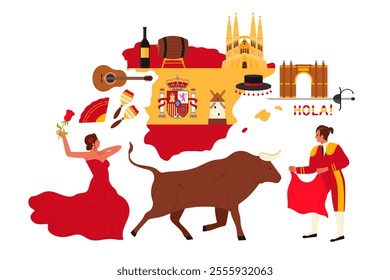 Travel to Spain. Spanish culture elements, landmarks for tourists on infographic collage with map and flag, Flamenco dancer and Sagrada Familia, bull and bullfighter, wine cartoon vector illustration