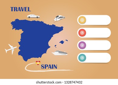 Travel Spain template vector for travel agencies etc. Vector showing the plane, car, train and ship approaching the blind Spanish map. Four blank labels are ready for your text. 