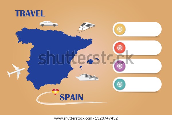 Travel Spain\
template vector for travel agencies etc. Vector showing the plane,\
car, train and ship approaching the blind Spanish map. Four blank\
labels are ready for your text.\
