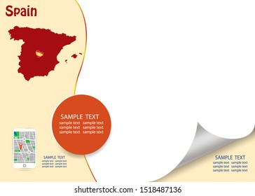 Travel Spain template vector in red and light yellow color showing the blind Spanish map and smart  phone with city map app on the left side and a lot of a free space for your text on the right side.