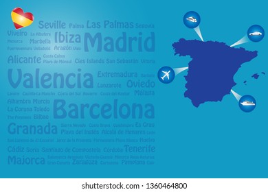 Travel Spain template vector. Vector showing the plane, car, train and ship approaching the blind Spamish map. Transparent names of Spanish landmarks are on the left side of the vector 